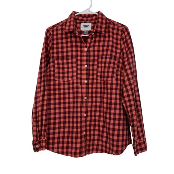 Old Navy Womens SZ M Marron/Coral Checkered Light Flannel Button-Down Shirt - Picture 10 of 12